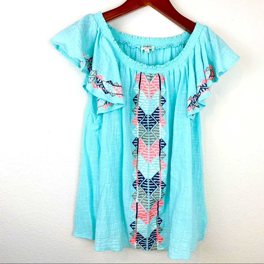 Umgee Embroidered Ruffle Fiesta Cotton Top Pastel Blouse